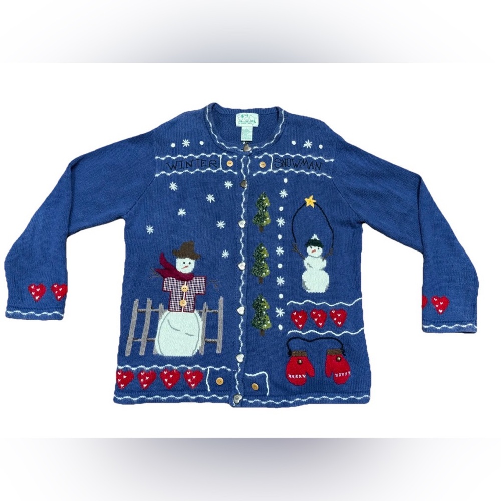 The Quacker Factory Vintage 90s Knit Christmas Sweater Women Size Large Blue
